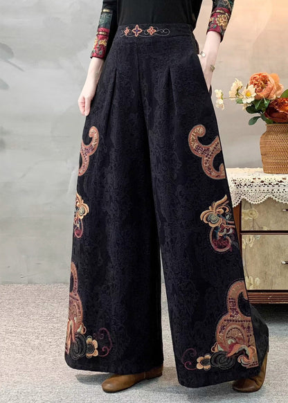 Art Black Embroidered Linen Pants Trousers Spring