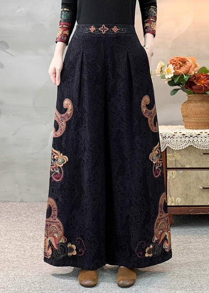 Art Black Embroidered Linen Pants Trousers Spring