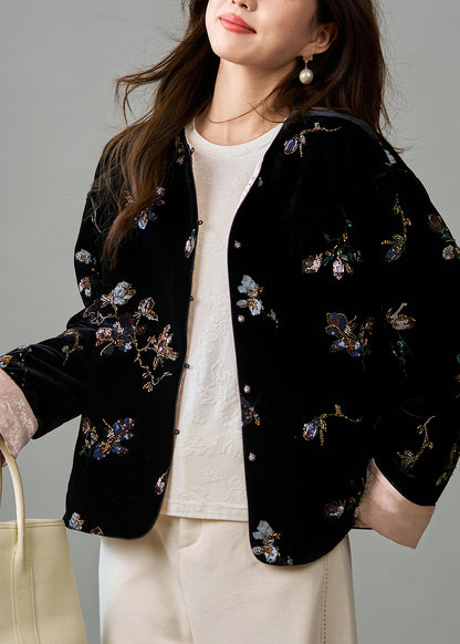 Art Black Embroidered Sequins Fine Cotton Filled Silk Velvet Jacket Winter