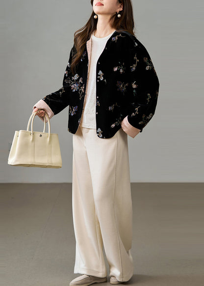 Art Black Embroidered Sequins Fine Cotton Filled Silk Velvet Jacket Winter