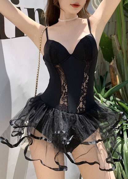 Art Black Hollow Out Patchwork Lace Swimwear Bodysuit