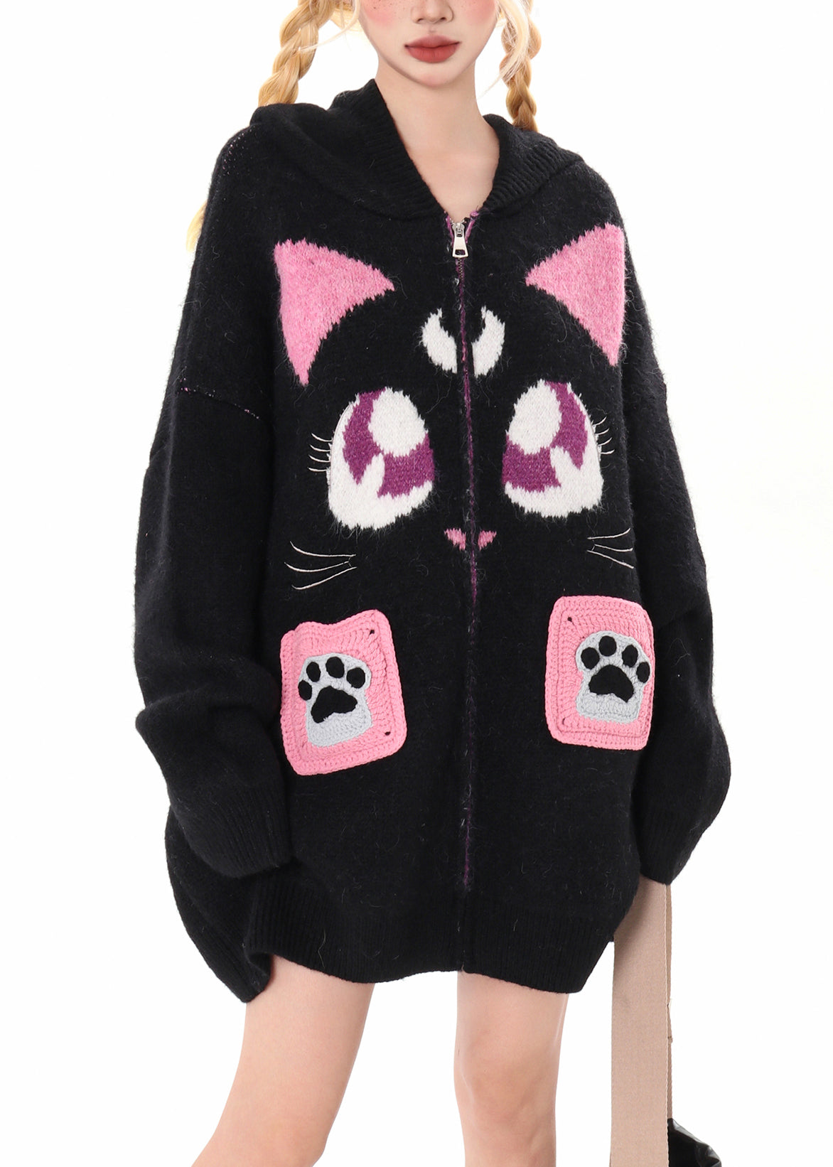 Art Black Hooded Cat Embroidered Knit Cardigan Winter