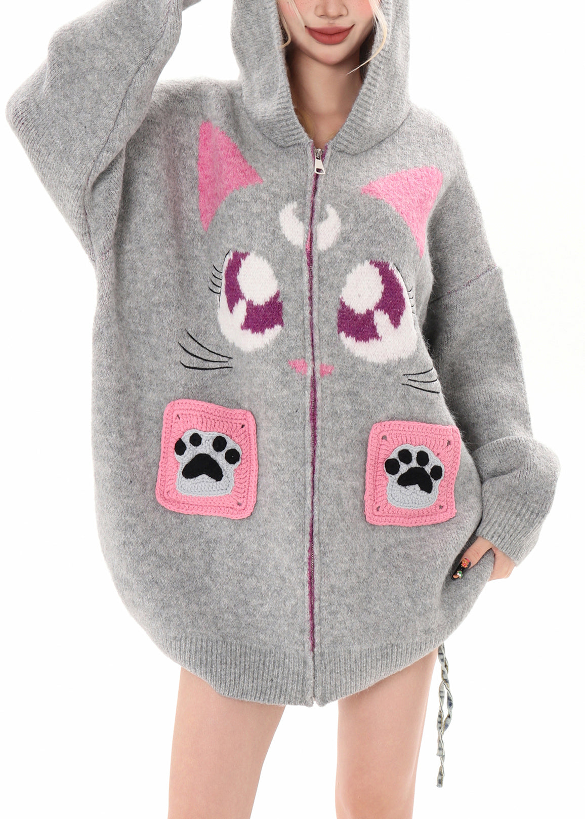 Art Black Hooded Cat Embroidered Knit Cardigan Winter