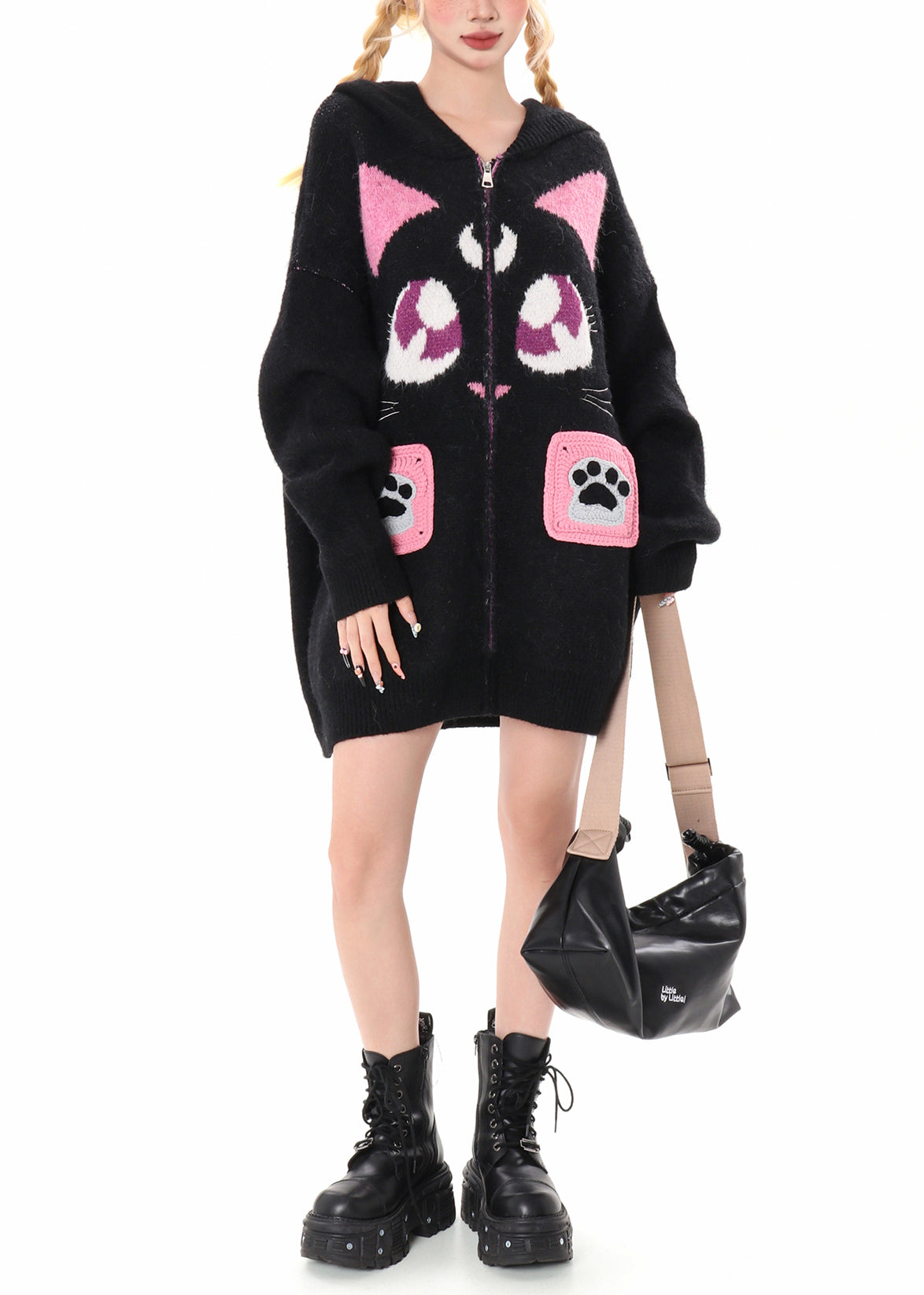 Art Black Hooded Cat Embroidered Knit Cardigan Winter
