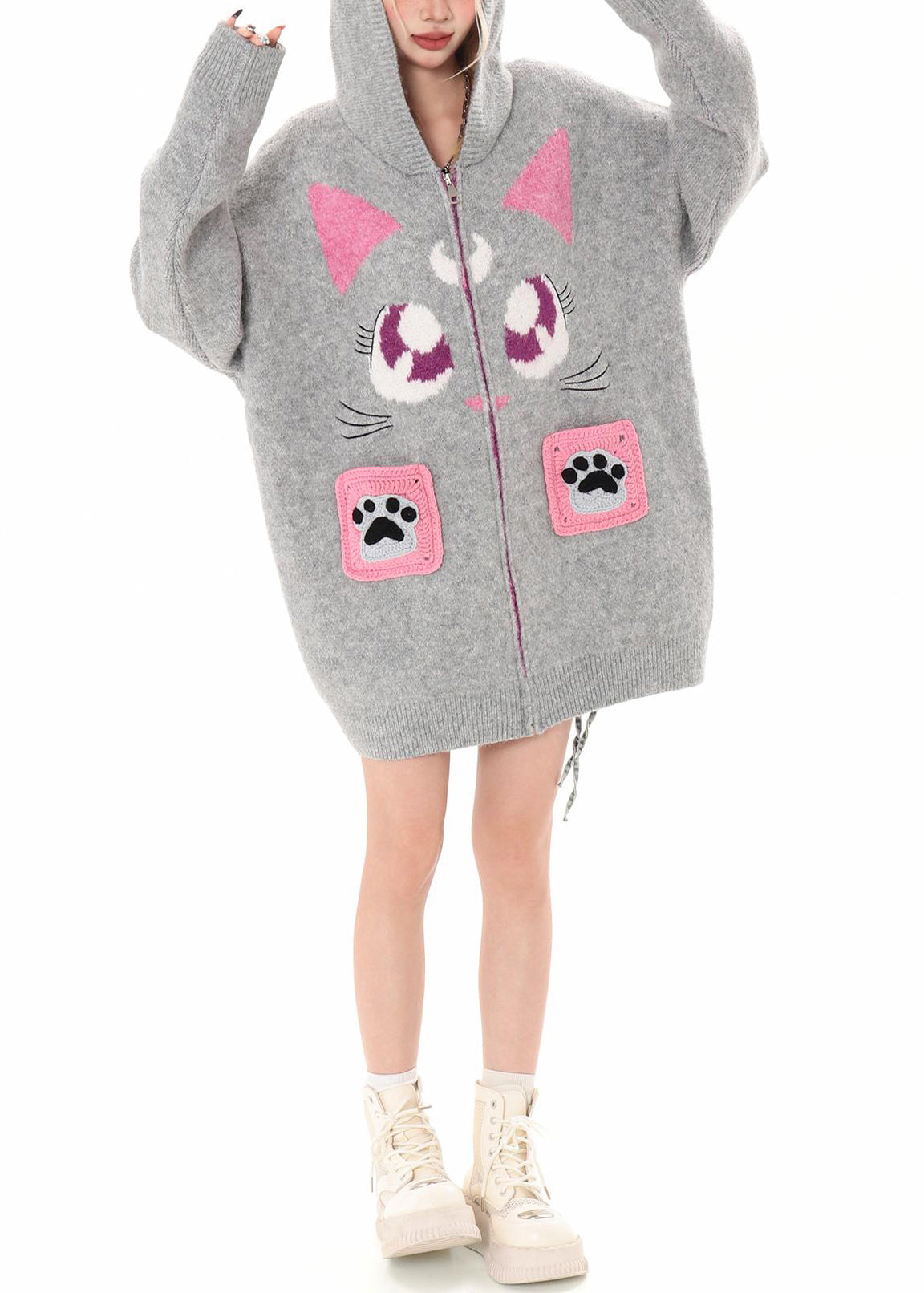 Art Black Hooded Cat Embroidered Knit Cardigan Winter