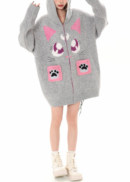 Art Black Hooded Cat Embroidered Knit Cardigan Winter