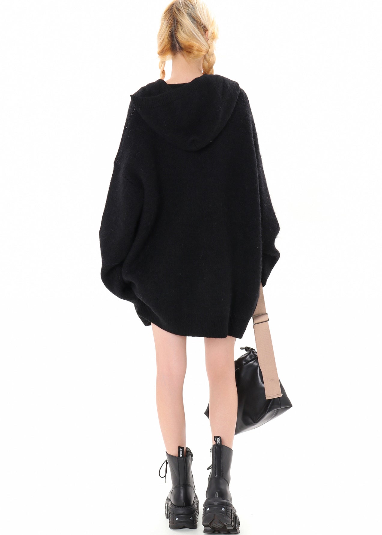 Art Black Hooded Cat Embroidered Knit Cardigan Winter