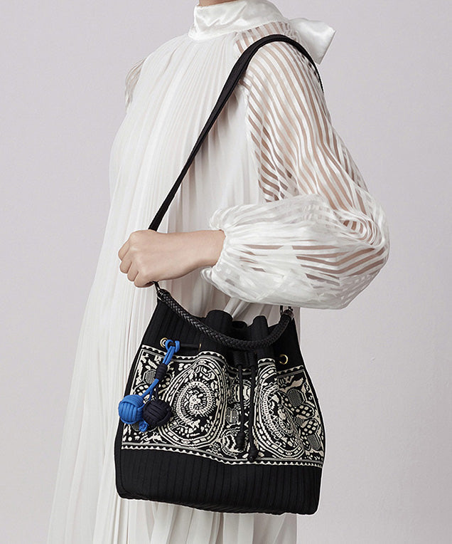 Art Black Jacquard Drawstring Cotton Pouch Handbag