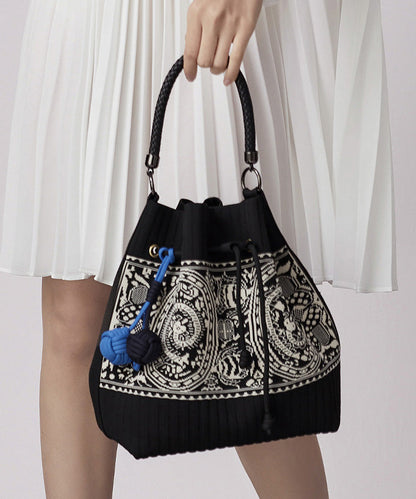 Art Black Jacquard Drawstring Cotton Pouch Handbag