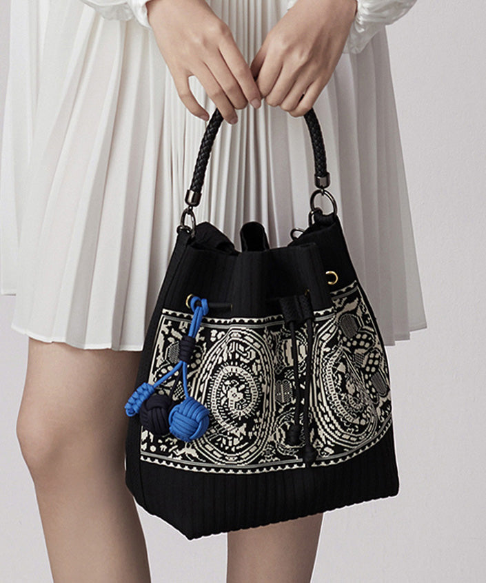 Art Black Jacquard Drawstring Cotton Pouch Handbag