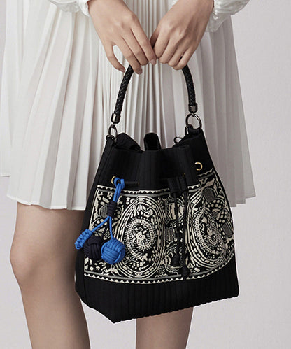 Art Black Jacquard Drawstring Cotton Pouch Handbag