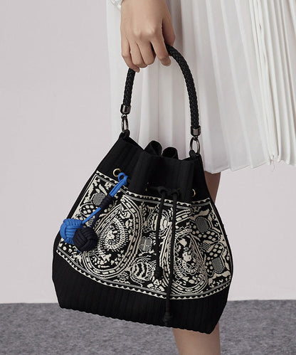 Art Black Jacquard Drawstring Cotton Pouch Handbag
