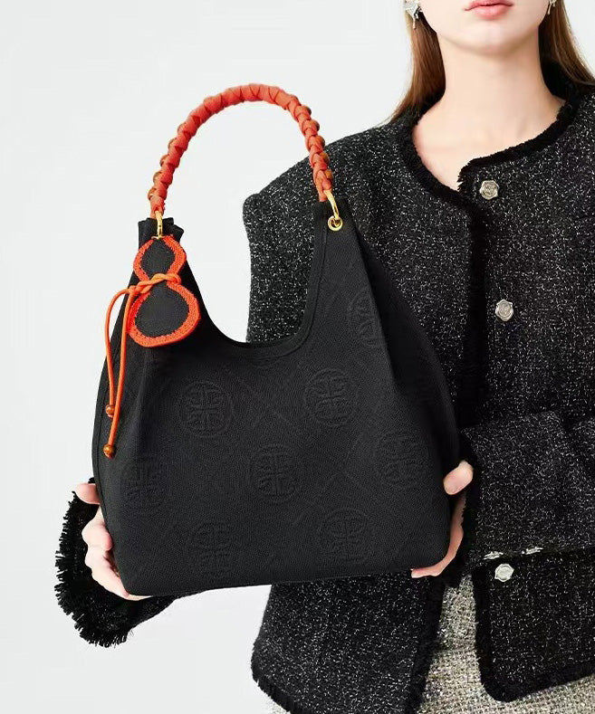 Art Black Jacquard Tasseled Cotton Women Handbag