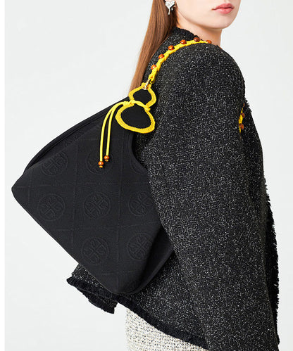 Art Black Jacquard Tasseled Cotton Women Handbag