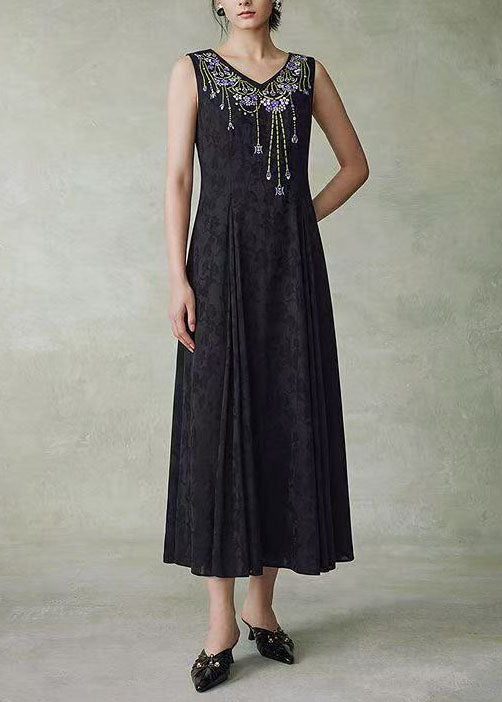 Art Black O Neck Embroidered Jacquard Silk Maxi Dress Sleeveless
