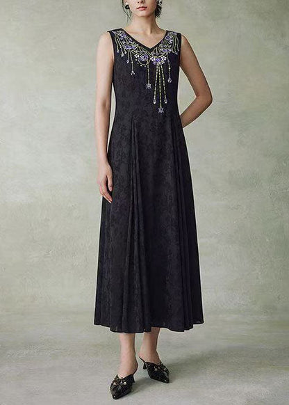 Art Black O Neck Embroidered Jacquard Silk Maxi Dress Sleeveless