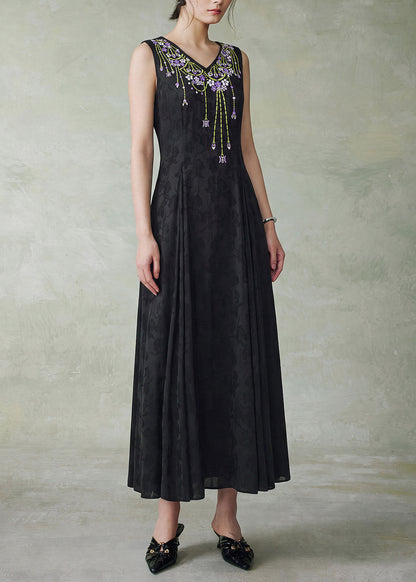 Art Black O Neck Embroidered Jacquard Silk Maxi Dress Sleeveless