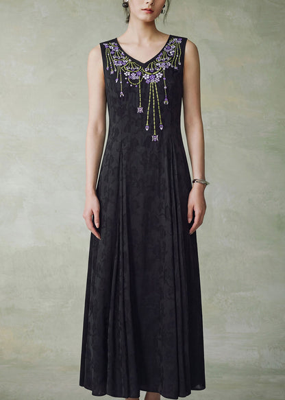 Art Black O Neck Embroidered Jacquard Silk Maxi Dress Sleeveless