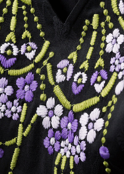 Art Black O Neck Embroidered Jacquard Silk Maxi Dress Sleeveless