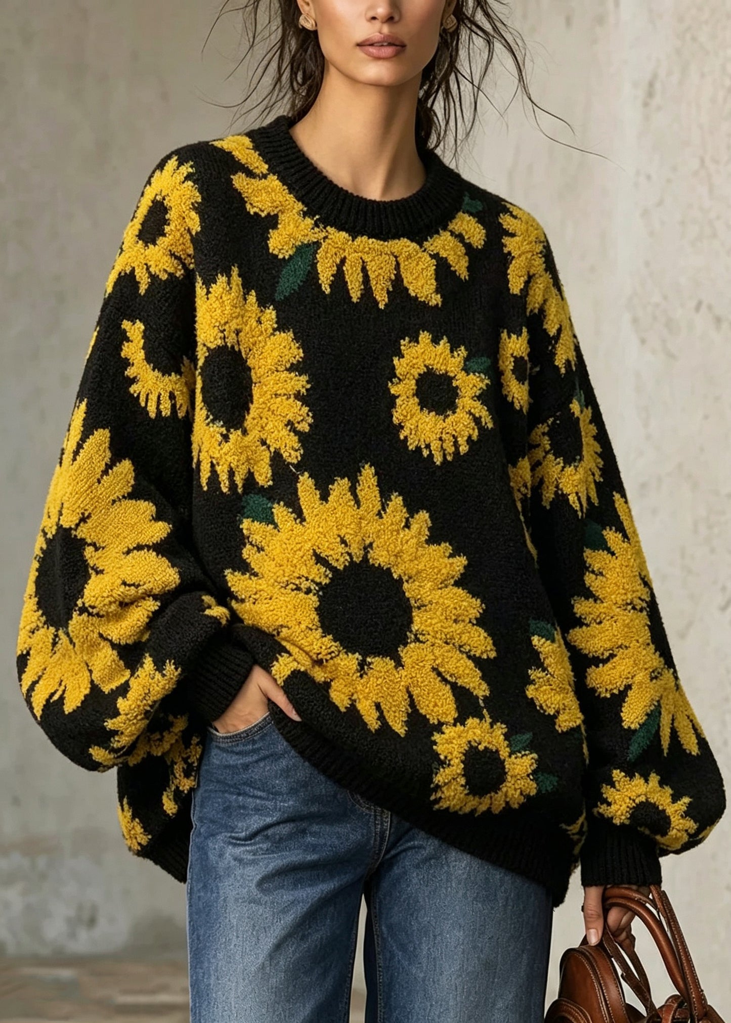 Art Black O Neck Thick Jacquard Knit Sweaters Tops Fall