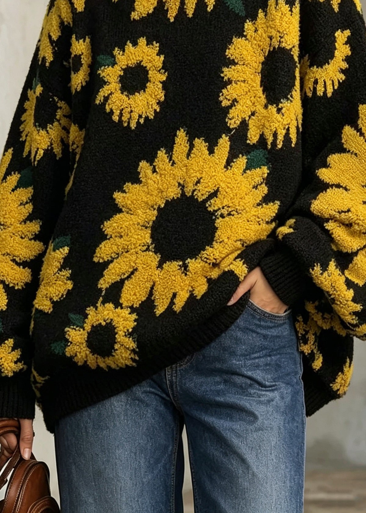 Art Black O Neck Thick Jacquard Knit Sweaters Tops Fall