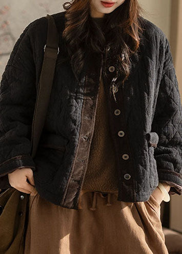 Art Black O-Neck Warm Fine Cotton Filled Linen Coat Winter