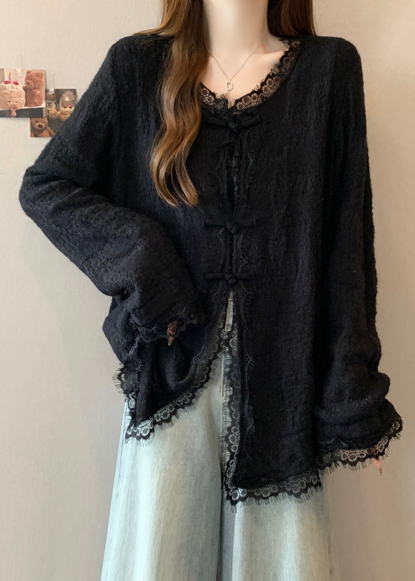 Art Black Oversized Eyelash Patchwork Knit Oriental Cardigan Fall
