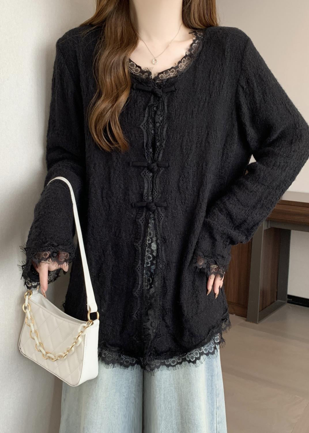 Art Black Oversized Eyelash Patchwork Knit Oriental Cardigan Fall