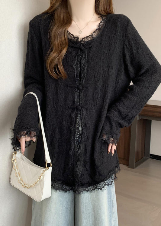 Art Black Oversized Eyelash Patchwork Knit Oriental Cardigan Fall