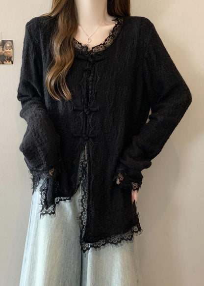 Art Black Oversized Eyelash Patchwork Knit Oriental Cardigan Fall