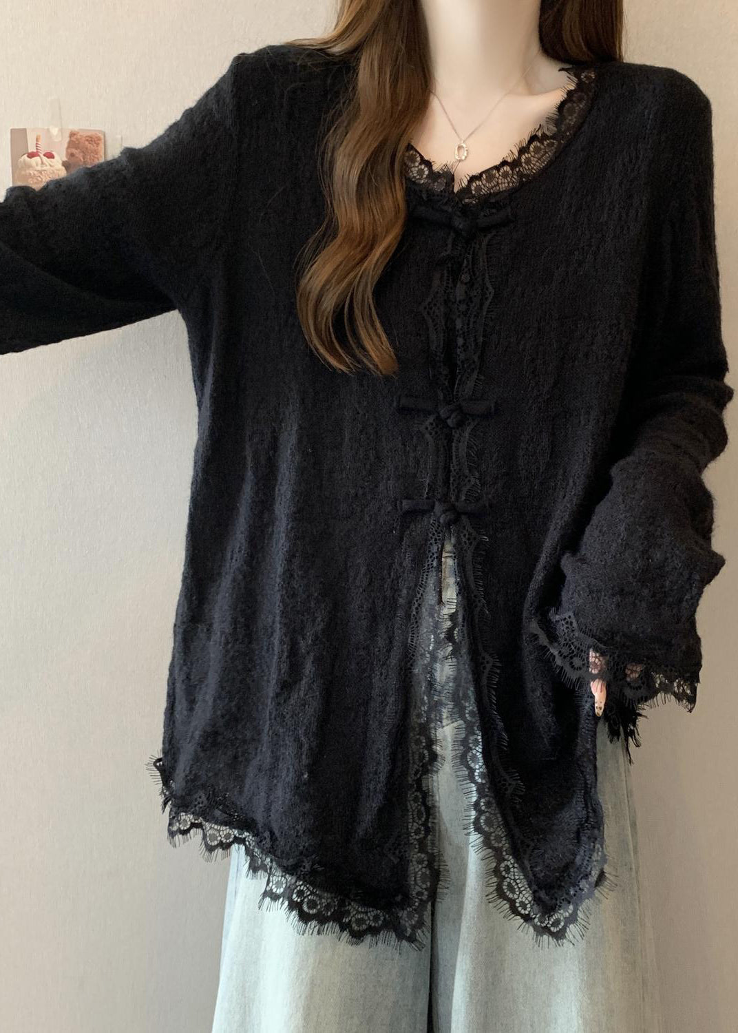 Art Black Oversized Eyelash Patchwork Knit Oriental Cardigan Fall