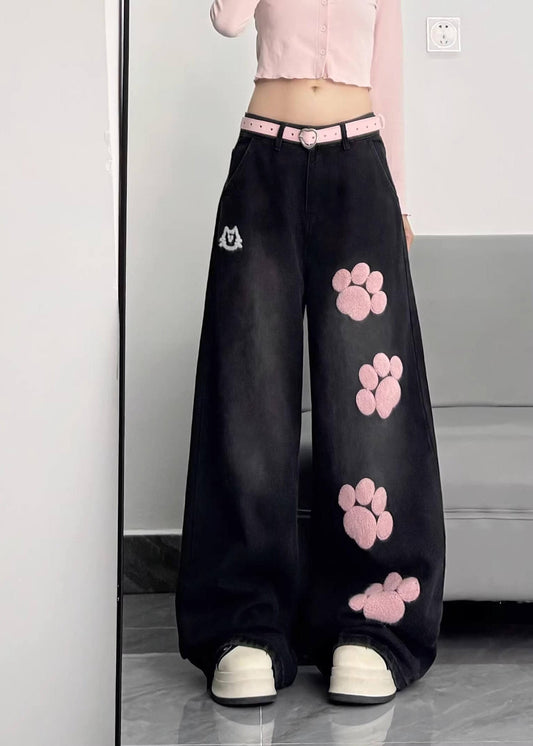 Art Black Oversized Patchwork Applique Warm Fleece Denim Pants Winter