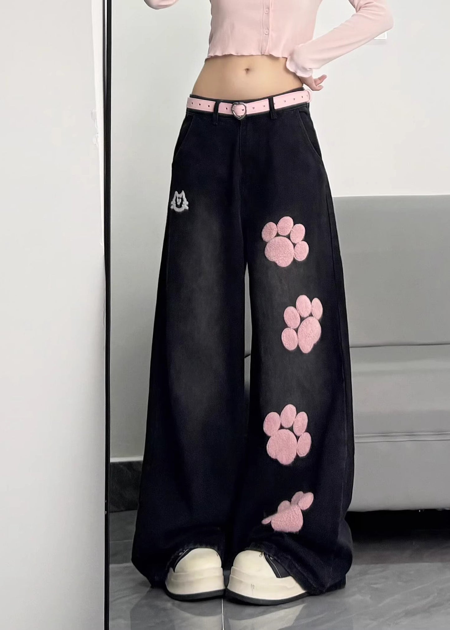 Art Black Oversized Patchwork Applique Warm Fleece Denim Pants Winter