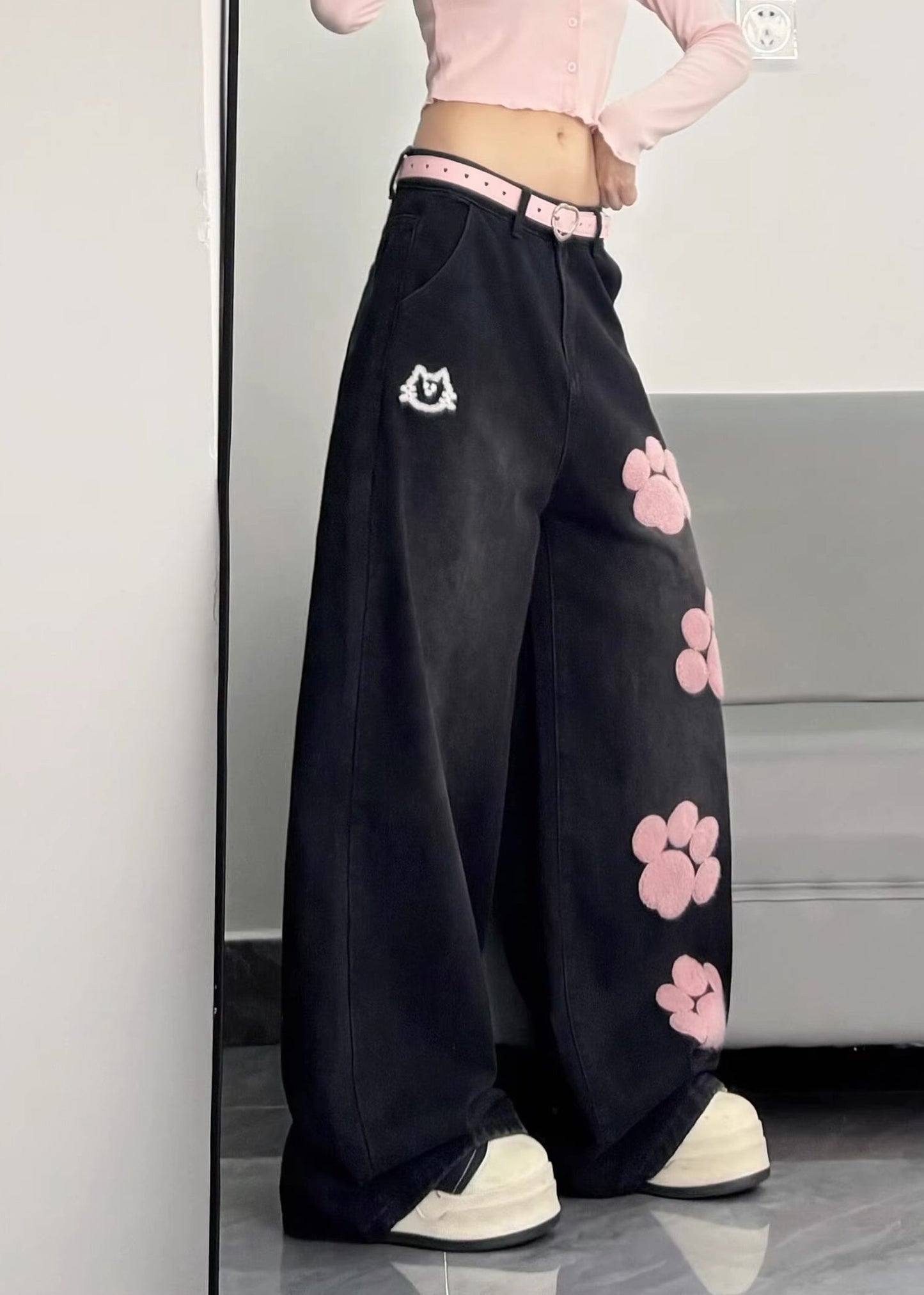 Art Black Oversized Patchwork Applique Warm Fleece Denim Pants Winter