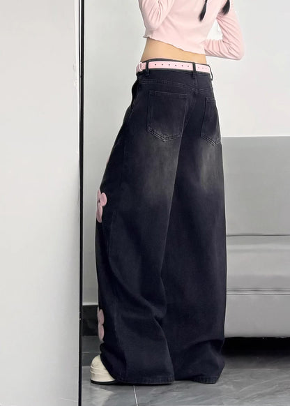 Art Black Oversized Patchwork Applique Warm Fleece Denim Pants Winter