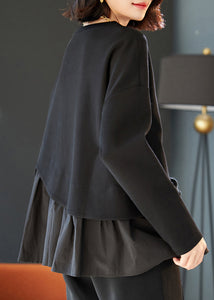 Art Black Oversized Patchwork Ruffles Cotton Sweatshirts Top Spring