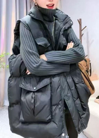 Art Black Oversized Pockets Fine Cotton Filled Parka Vests Winter