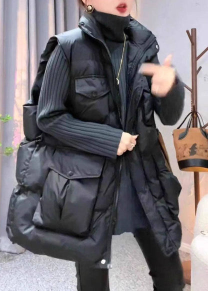 Art Black Oversized Pockets Fine Cotton Filled Parka Vests Winter