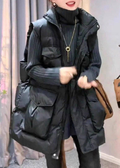 Art Black Oversized Pockets Fine Cotton Filled Parka Vests Winter
