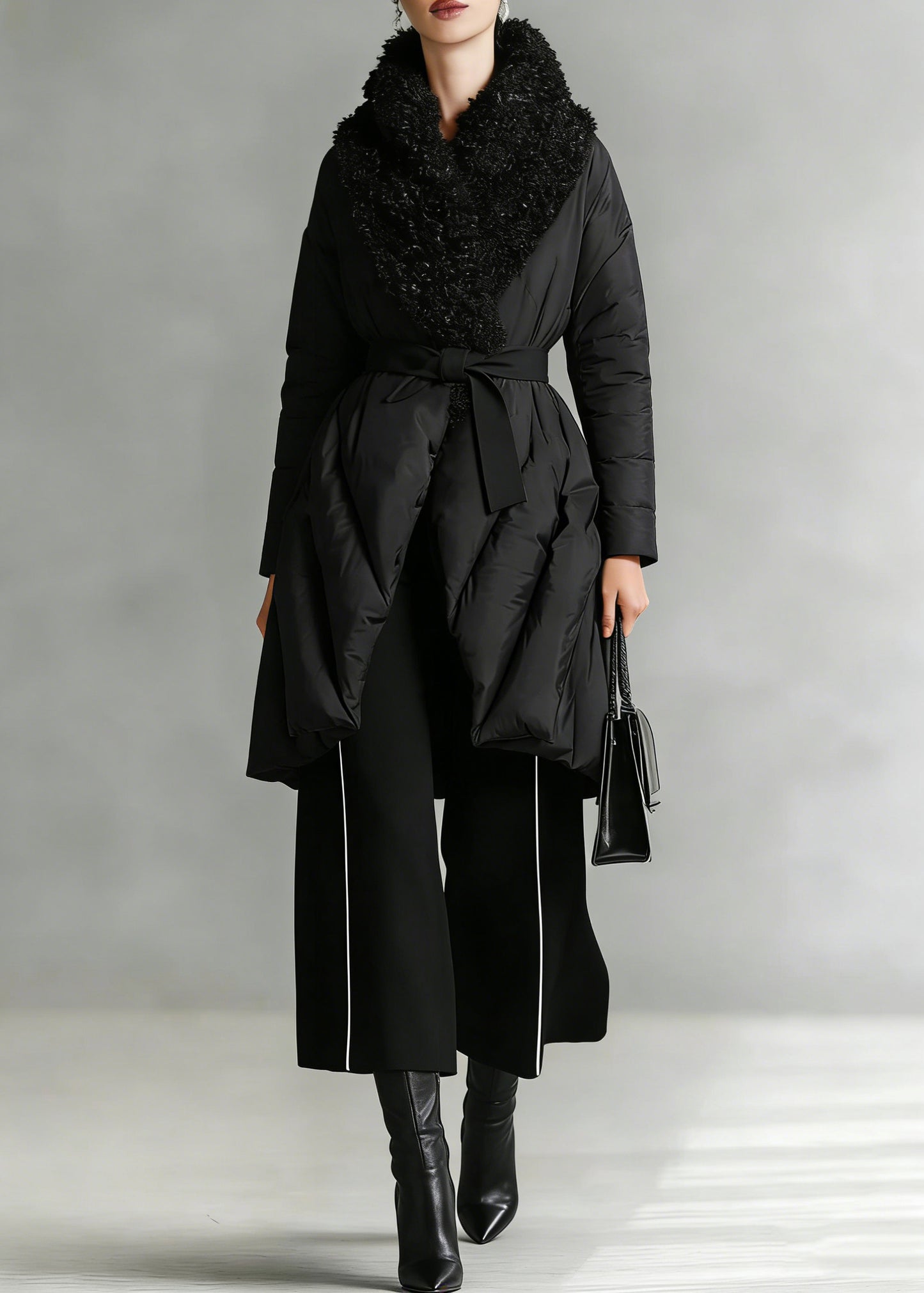 Art Black Patchwork Faux Fur Peter Pan Collar Cotton Winter Down Coat