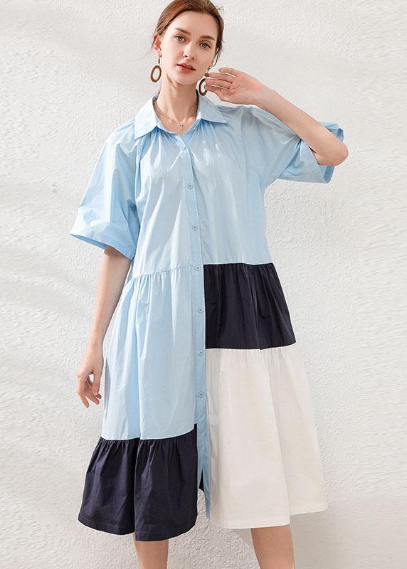 Art Black Patchwork PeterPan Collar Button Summer Cotton Dress Half Sleeve - SooLinen