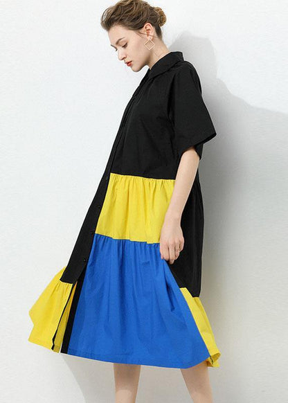 Art Black Patchwork PeterPan Collar Button Summer Cotton Dress Half Sleeve - SooLinen