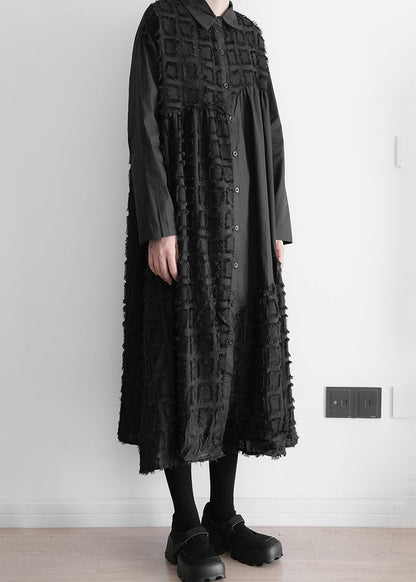 Art Black Patchwork Wrinkled Maxi Shirts Dresses Long Sleeve