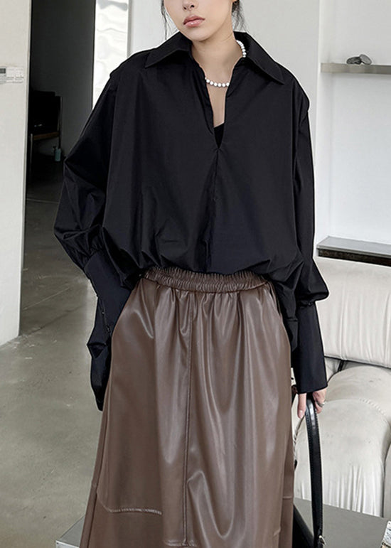 Art Black Peter Pan Collar Asymmetrical Cotton Shirts Long Sleeve