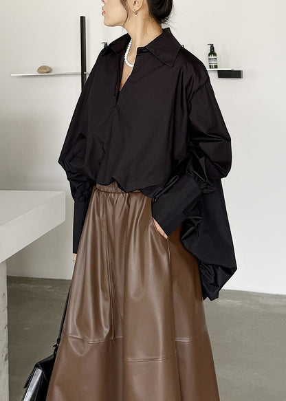 Art Black Peter Pan Collar Asymmetrical Cotton Shirts Long Sleeve