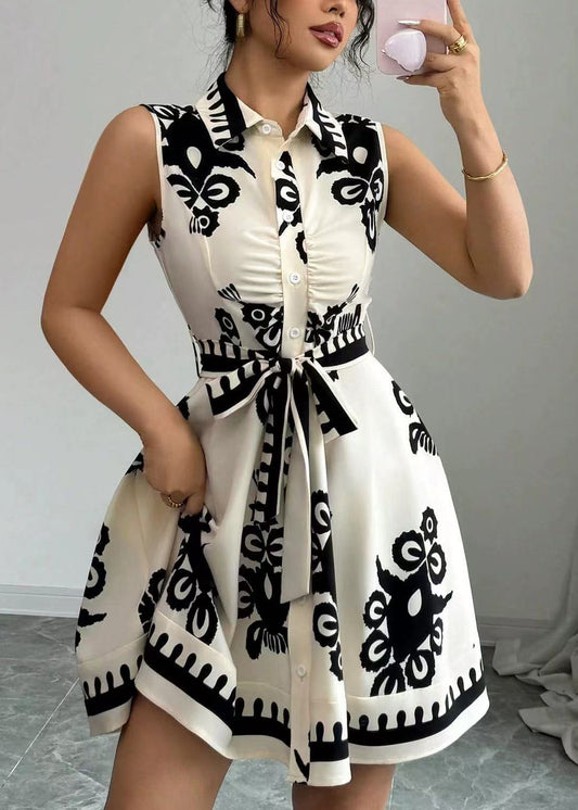 Art Black Peter Pan Collar Print Cotton Mini Dresses Summer