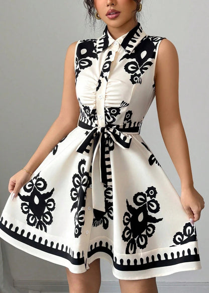 Art Black Peter Pan Collar Print Cotton Mini Dresses Summer
