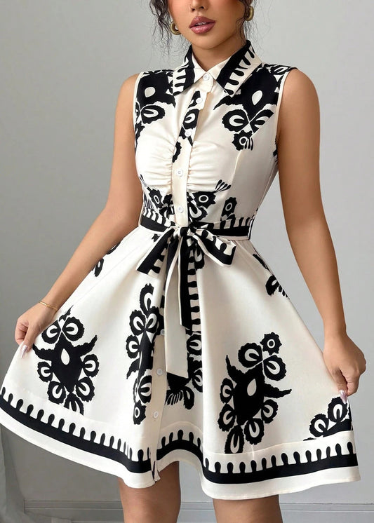 Art Black Peter Pan Collar Print Cotton Mini Dresses Summer