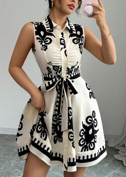 Art Black Peter Pan Collar Print Cotton Mini Dresses Summer