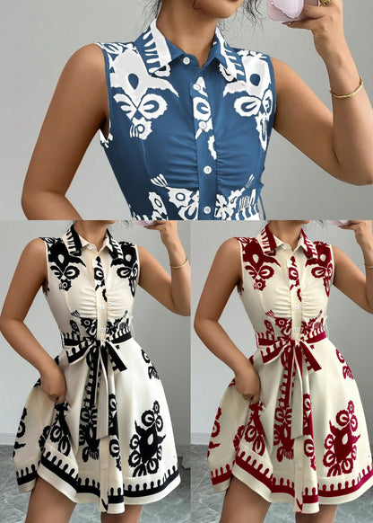 Art Black Peter Pan Collar Print Cotton Mini Dresses Summer